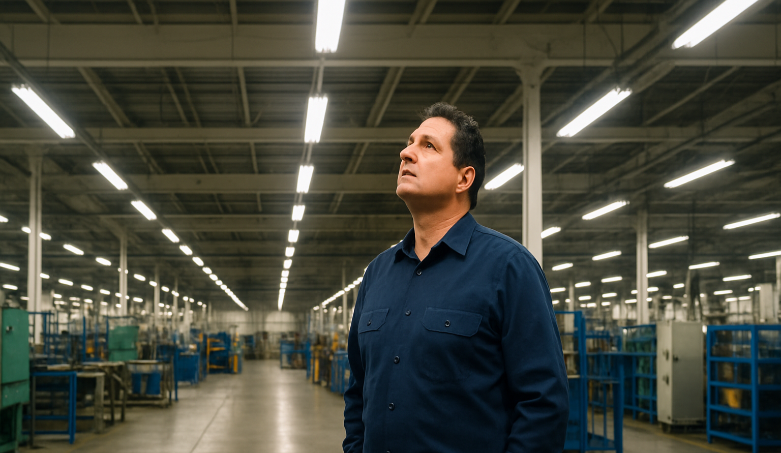 Electrical contractor inspecting lighting at an industrial facility