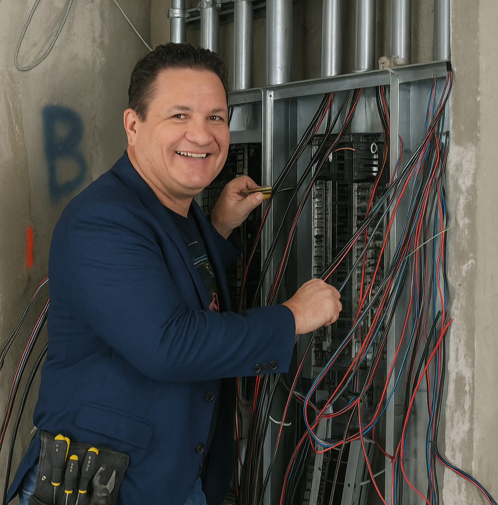 An intentionally awkward AI-generated electrician image used as the fictional Bob